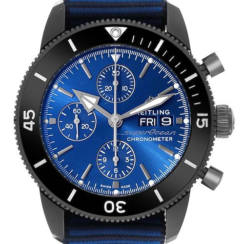 This is a front-facing view of a Breitling Superocean M13313 Men's Stainless Steel Blue Dial M13313 Men's Stainless Steel Blue Dial watch showing the dial, bezel, subdials, and the crown.