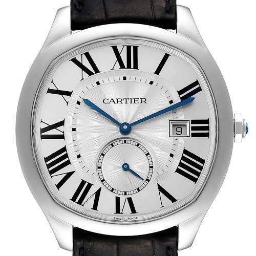 The image shows a frontal view of the Drive de Cartier watch by Cartier, displaying the dial, hands, date, and part of the strap.
