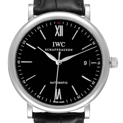 This is a front view of the IWC Portofino IW356502 Men's Stainless Steel Black Dial IW356502 Men's Stainless Steel Black Dial watch, showing the dial, hands, and a portion of the strap.
