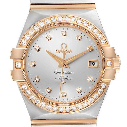 The image shows a close-up of the dial, bezel, and part of the bracelet of the Omega Constellation 123.25.35.20.52.001 Men's Stainless Steel Silver Dial 123.25.35.20.52.001 Men's Stainless Steel Silver Dial model watch.