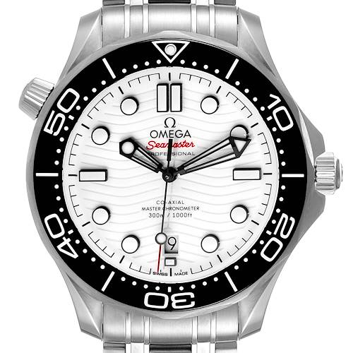 The image shows the dial and bezel of an Omega Seamaster 210.30.42.20.04.001 Men's Stainless Steel White Dial 210.30.42.20.04.001 Men's Stainless Steel White Dial watch, viewed from the front.