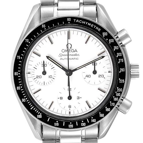 The image shows a front view of an Omega Speedmaster 3510.20.00 Men's Stainless Steel White Dial 3510.20.00 Men's Stainless Steel White Dial watch, highlighting the white dial, chronograph sub-dials, tachymeter bezel, and stainless steel bracelet.