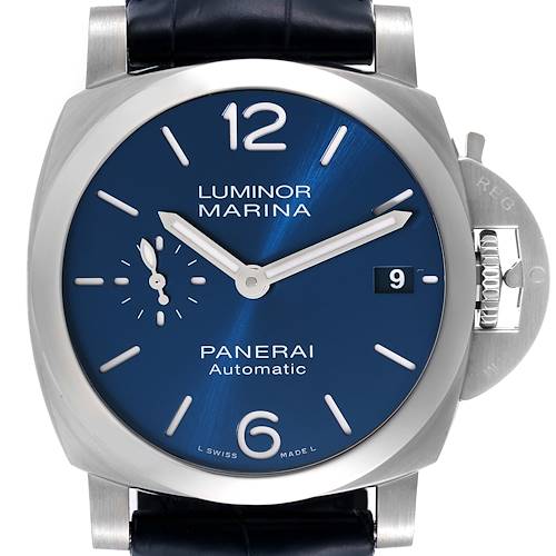 The image shows a close-up of the front face of the Panerai Luminor PAM01370 Men's Stainless Steel Blue Dial PAM01370 Men's Stainless Steel Blue Dial Marina watch, highlighting the blue dial, hands, and crown guard.