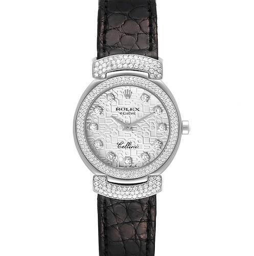 This image shows a front view of a Rolex Cellini 6673 Women's White Gold Silver Dial 6673 Women's White Gold Silver Dial watch, featuring a diamond-studded bezel and a leather strap.