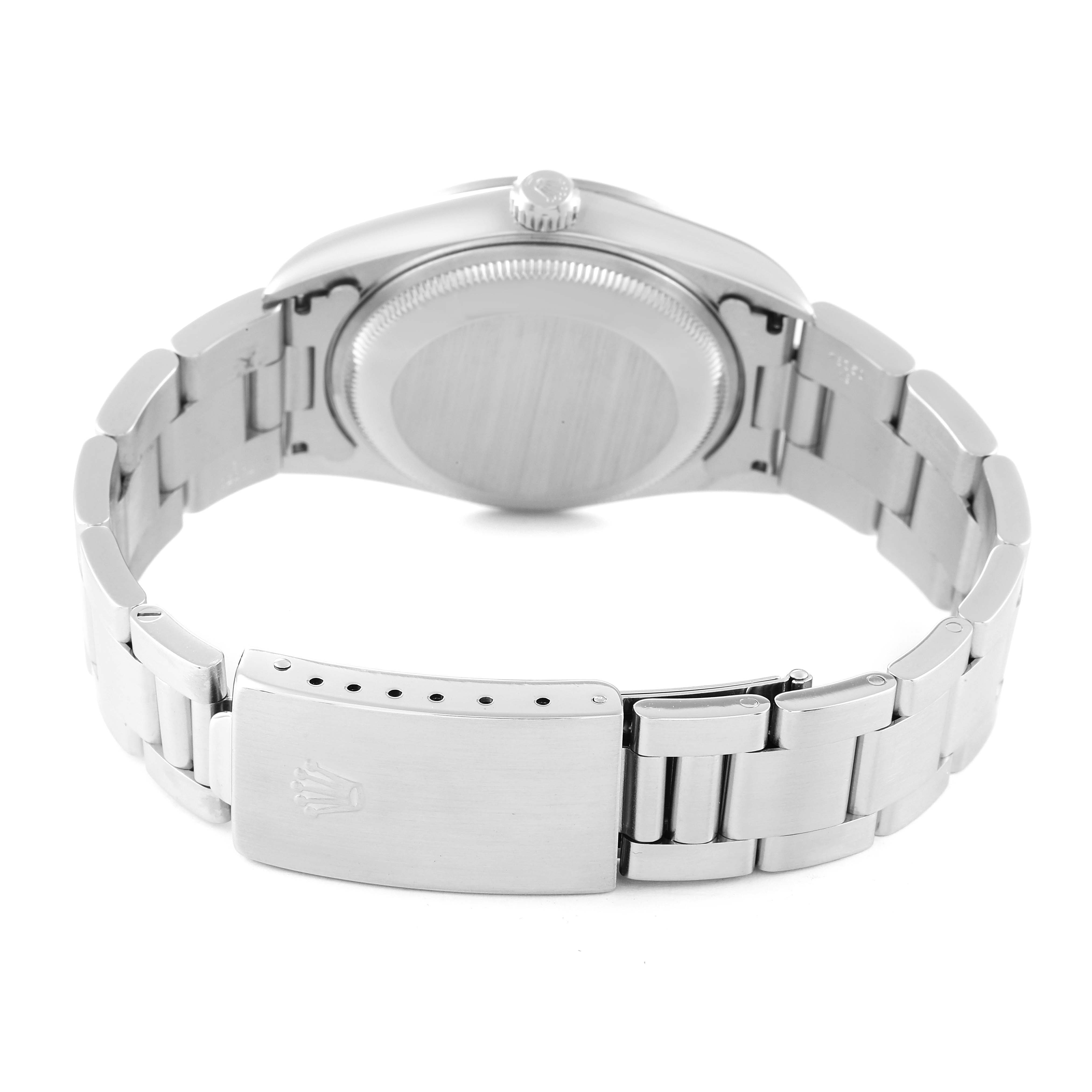 The image shows the rear view of the Rolex Date 15200 Men's Stainless Steel Blue Dial 15200 Men's Stainless Steel Blue Dial model watch, highlighting the clasp, bracelet, and case back.