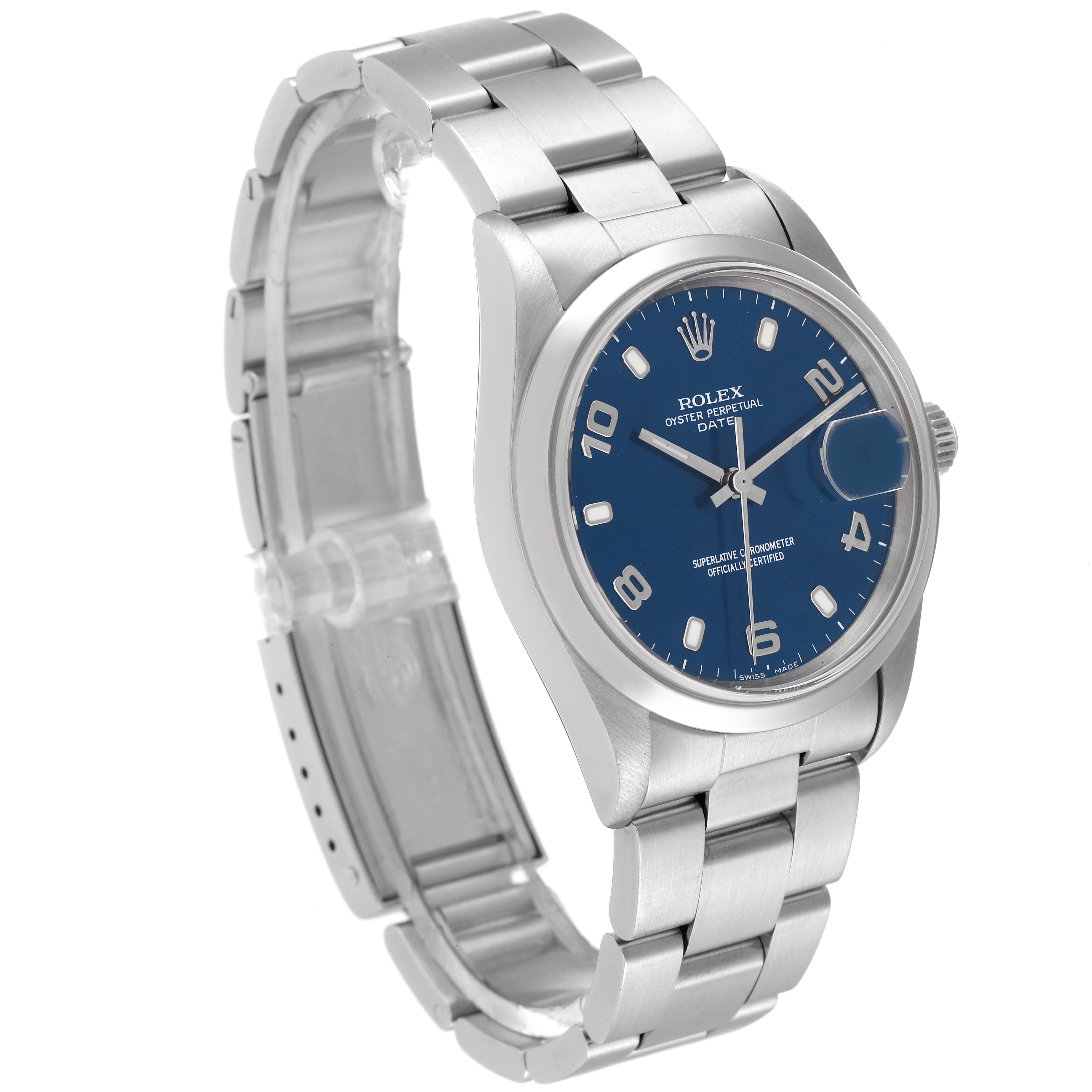 The Rolex Date 15200 Men's Stainless Steel Blue Dial 15200 Men's Stainless Steel Blue Dial model watch is shown at a three-quarter angle, displaying the face, bezel, and part of the bracelet.