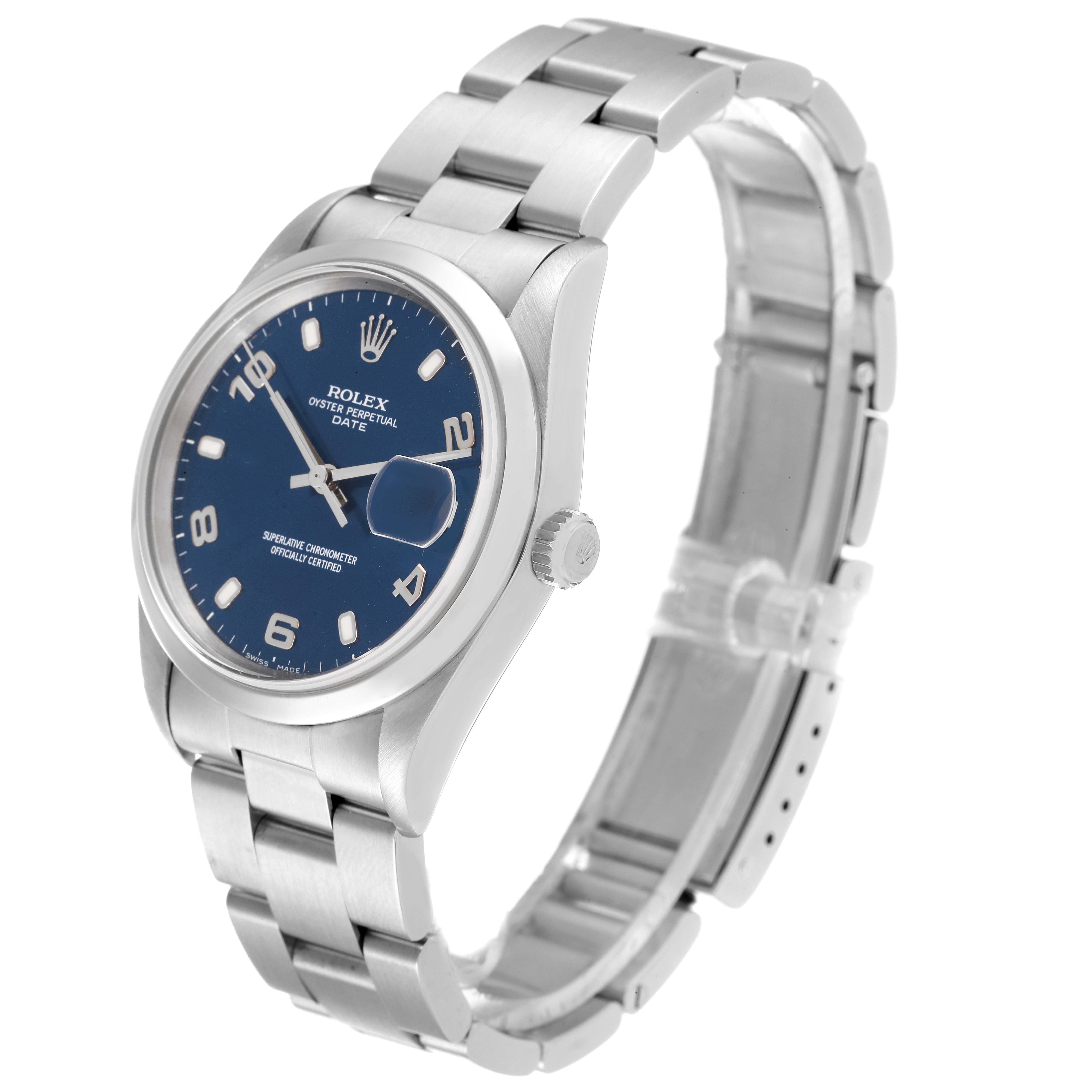 The image shows a Rolex Date 15200 Men's Stainless Steel Blue Dial 15200 Men's Stainless Steel Blue Dial model watch at a slight angle, highlighting its face, band, and side crown.