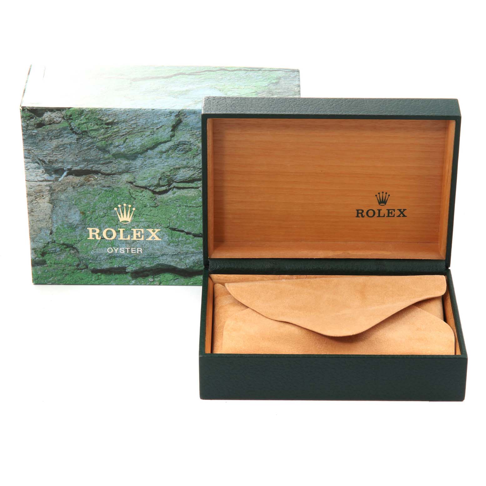 The image shows a Rolex Date 15200 Men's Stainless Steel Blue Dial 15200 Men's Stainless Steel Blue Dial watch box with the lid open, revealing an inner suede pouch, and the outer packaging visible behind it.