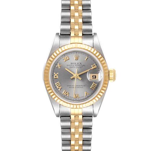 This Rolex Datejust 79173 Women's Steel and Gold (two tone) Grey Dial 79173 Women's Steel and Gold (two tone) Grey Dial model is shown from a top-down angle, displaying the dial, bezel, and bracelet.