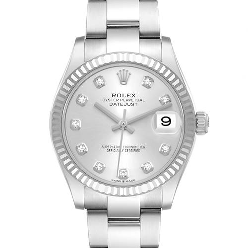 The Rolex Mid-Size 278274 Women's Stainless Steel Silver Dial 278274 Women's Stainless Steel Silver Dial Datejust is shown from a front angle, displaying the dial, bezel, and part of the bracelet.