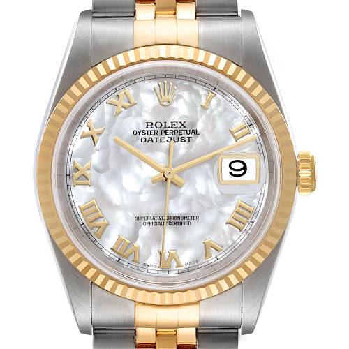The image shows a close-up, front-facing view of a Rolex Datejust 16233 Men's Steel and Gold (two tone) Mother of Pearl Dial 16233 Men's Steel and Gold (two tone) Mother of Pearl Dial watch, highlighting the dial, bezel, and part of the bracelet.