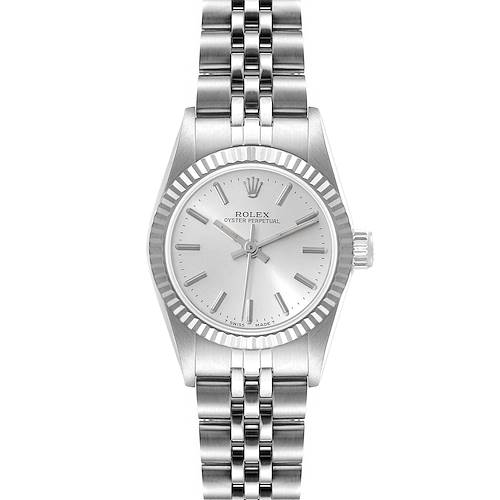 The image shows a frontal view of a Rolex Oyster Perpetual 67194 Women's Stainless Steel Silver Dial 67194 Women's Stainless Steel Silver Dial watch, highlighting the face, bezel, and bracelet.