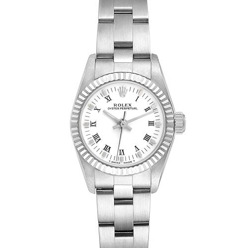 The image shows a front view of the Rolex Oyster Perpetual 67194 Women's Stainless Steel White Dial 67194 Women's Stainless Steel White Dial, detailing its white dial, Roman numerals, and stainless steel bracelet.
