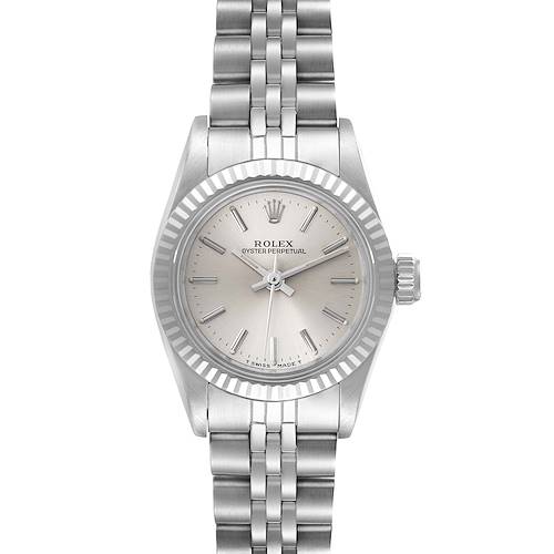 This image shows a frontal view of the Rolex Oyster Perpetual 67194 Women's Stainless Steel Silver Dial 67194 Women's Stainless Steel Silver Dial watch, including its dial, bezel, case, and bracelet.