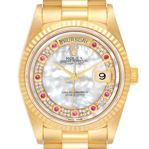 The image shows a close-up of the Rolex President 18238 Men's Yellow Gold Mother of Pearl Dial 18238 Men's Yellow Gold Mother of Pearl Dial model watch face, highlighting the day, date, and detailed dial.