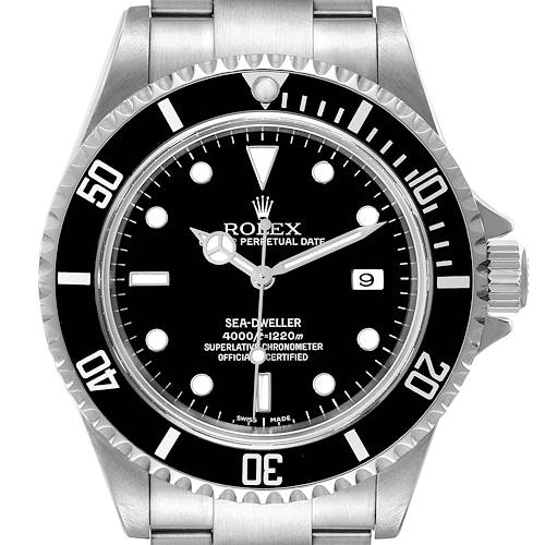 The image shows a front view of a Rolex Sea-Dweller 16600 Men's Stainless Steel Black Dial 16600 Men's Stainless Steel Black Dial watch, highlighting the dial, bezel, and bracelet.