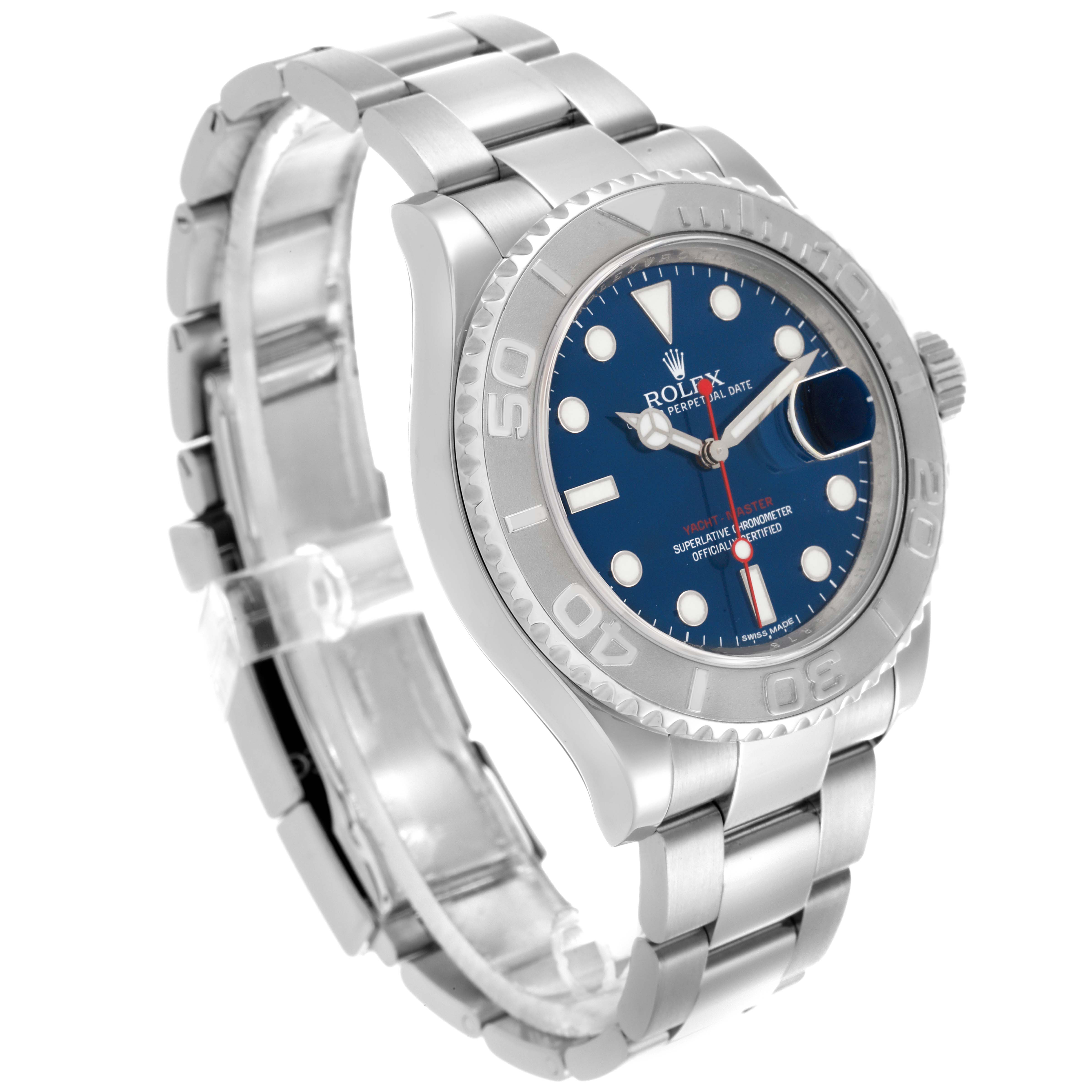 The Rolex Yacht-Master 116622 Men's Stainless Steel Blue Dial 116622 Men's Stainless Steel Blue Dial watch is shown at a three-quarter angle, highlighting the bezel, dial, case, and bracelet.