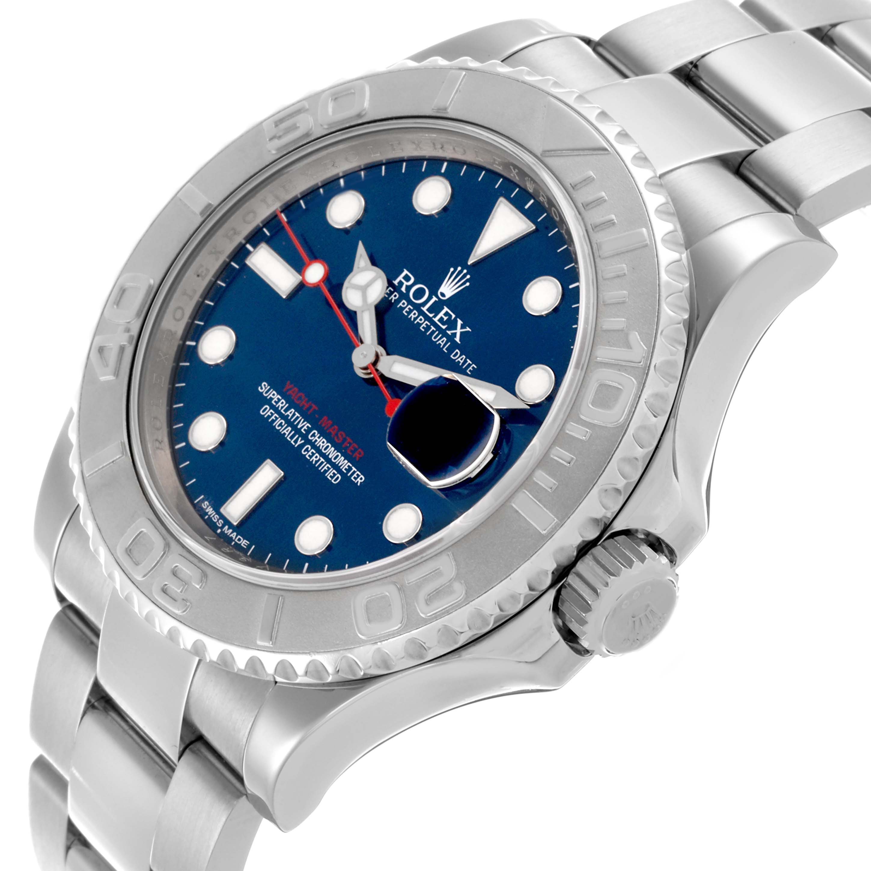 The Rolex Yacht-Master 116622 Men's Stainless Steel Blue Dial 116622 Men's Stainless Steel Blue Dial is shown at a slight angle, highlighting its bezel, dial, crown, and bracelet.