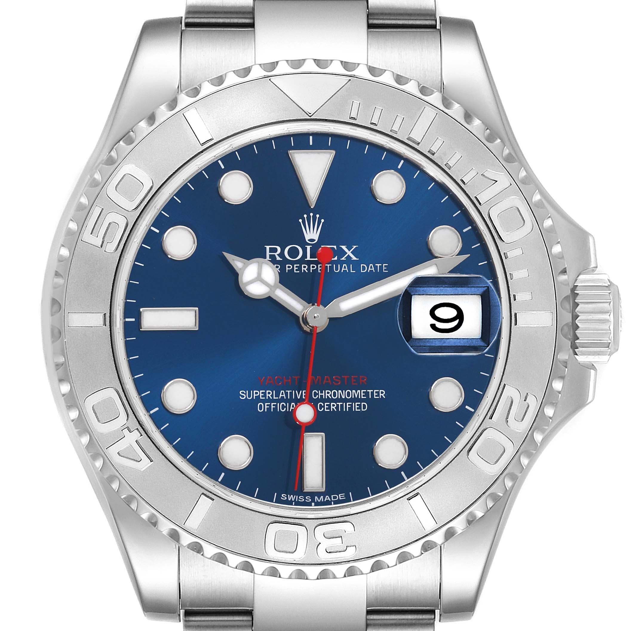 The Rolex Yacht-Master 116622 Men's Stainless Steel Blue Dial 116622 Men's Stainless Steel Blue Dial watch is shown from the front, displaying the dial, bezel, and a partial view of the bracelet.