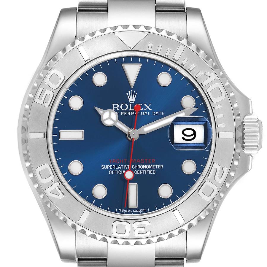 The Rolex Yacht-Master 116622 Men's Stainless Steel Blue Dial 116622 Men's Stainless Steel Blue Dial watch is shown from the front, displaying the dial, bezel, and a partial view of the bracelet.