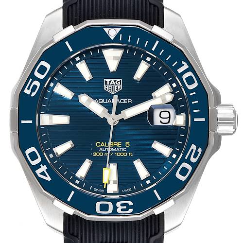 The image shows a Tag Heuer Aquaracer WAY201B-0 Men's Stainless Steel Blue Dial WAY201B-0 Men's Stainless Steel Blue Dial watch from a front angle, highlighting its dial, bezel, and date window.