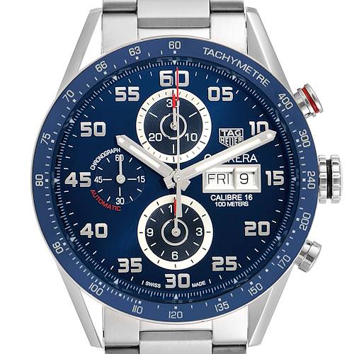 This image shows a frontal view of a Tag Heuer Carrera CV2A1V.BA0738 Men's Stainless Steel Blue Dial CV2A1V.BA0738 Men's Stainless Steel Blue Dial watch with a blue dial, chronograph subdials, and a stainless steel bracelet.