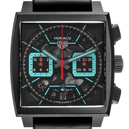 The Tag Heuer Monaco CBL2184.FT6236 Men's Titanium Black Dial CBL2184.FT6236 Men's Titanium Black Dial watch is shown from a front angle, highlighting the dial, hands, subdials, and crown.