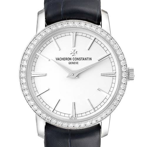 This Vacheron Constantin Traditionnelle 81590/000G-9848 Women's White Gold Silver Dial 81590/000G-9848 Women's White Gold Silver Dial watch is shown from a front angle, displaying its dial, bezel, and crown.