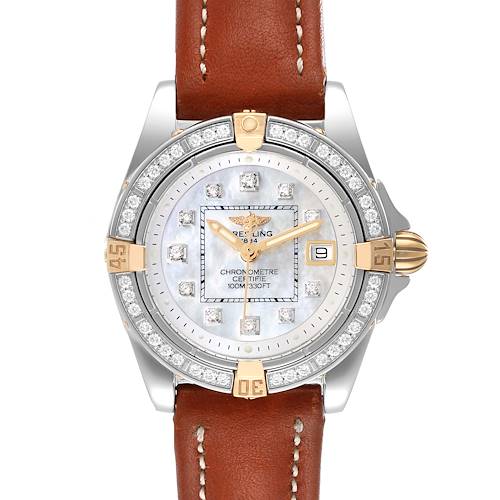 The image features a front view of the Breitling B71356 Women's Steel and Gold (two tone) Mother of Pearl Dial B71356 Women's Steel and Gold (two tone) Mother of Pearl Dial Cockpit Steel Yellow Gold Diamond Bezel MOP Dial Ladies Watch B71356 with a brown leather strap.