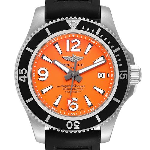 The image shows the front view of a Breitling Superocean A17366 Men's Stainless Steel Orange Dial A17366 Men's Stainless Steel Orange Dial watch, featuring an orange dial, black bezel, and black rubber strap.