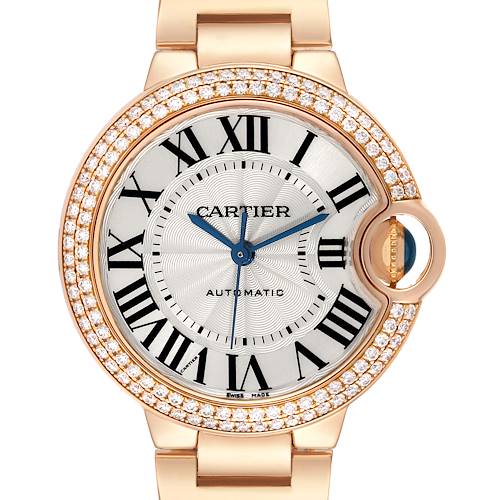 The image shows a frontal view of the Cartier Ballon Bleu WE902034 Women's Rose Gold Silver Dial WE902034 Women's Rose Gold Silver Dial watch, highlighting the dial, hands, and diamond-studded bezel.