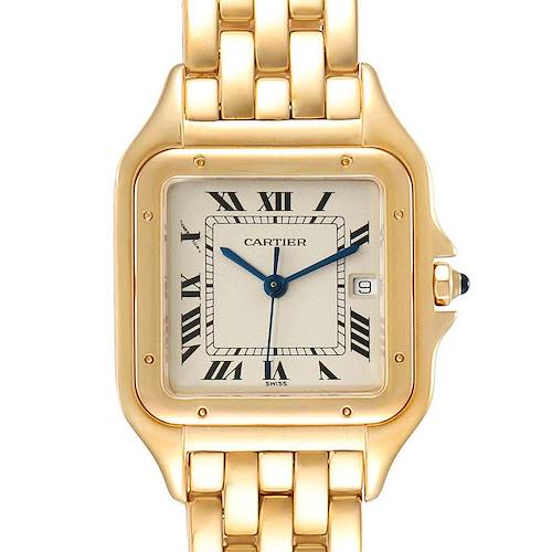 The image shows a close-up of the face and part of the band of a Cartier Panthere W25014B9 Women's Yellow Gold Silver Dial W25014B9 Women's Yellow Gold Silver Dial watch in a gold-tone.