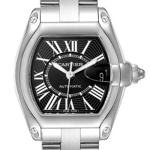 This image shows a close-up front view of the Cartier Roadster W62041V3 Men's Stainless Steel Black Dial W62041V3 Men's Stainless Steel Black Dial watch, highlighting its face, bezel, and crown.