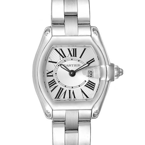 The Cartier Roadster W62016V3 Women's Stainless Steel Silver Dial W62016V3 Women's Stainless Steel Silver Dial watch is shown from a top-down angle, featuring its face, bezel, crown, and part of the bracelet.