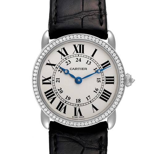 The image shows a front angle of the Cartier Ronde WR000251 Women's White Gold Silver Dial WR000251 Women's White Gold Silver Dial watch, featuring its circular face, Roman numerals, blue hands, and a leather strap.