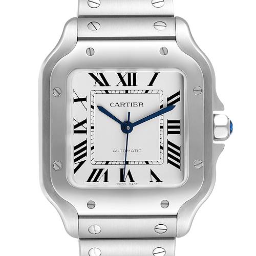 The image shows a frontal view of the dial and part of the bracelet of a Santos model watch by Cartier.