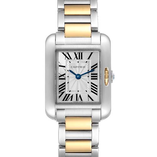 The image shows a front view of the Cartier Tank Anglaise W5310019 Women's Steel and Gold (two tone) Silver Dial W5310019 Women's Steel and Gold (two tone) Silver Dial watch, highlighting its dial and bi-color metal bracelet.