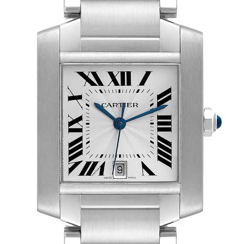 The image shows a front view of the Cartier Tank Francaise W51002Q3 Men's Stainless Steel Silver Dial W51002Q3 Men's Stainless Steel Silver Dial watch, highlighting the face, Roman numerals, and date feature.