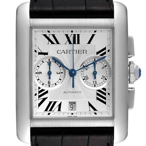 This is a front view of the Cartier Tank MC W5330007 Men's Stainless Steel Silver Dial W5330007 Men's Stainless Steel Silver Dial watch, showing the face with Roman numerals, date window, and chronograph dials.