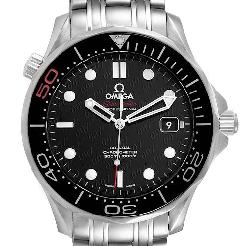 The image shows a front view of an Omega Seamaster 212.30.41.20.01.005 Men's Stainless Steel Black Dial 212.30.41.20.01.005 Men's Stainless Steel Black Dial watch, highlighting the dial, bezel, and part of the bracelet.