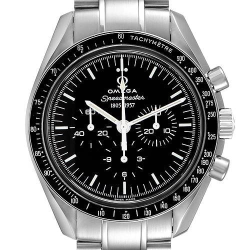 This Omega Speedmaster 311.33.42.50.01.001 Men's Stainless Steel Black Dial 311.33.42.50.01.001 Men's Stainless Steel Black Dial watch is shown from the front, highlighting its face, bezel, chronograph dials, and bracelet.