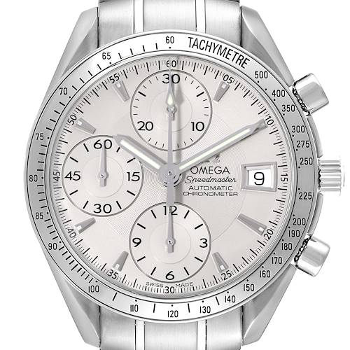 The image shows a front view of the Omega Speedmaster 3211.30.00 Men's Stainless Steel Silver Dial 3211.30.00 Men's Stainless Steel Silver Dial watch, highlighting its dial, sub-dials, tachymeter, and date window.