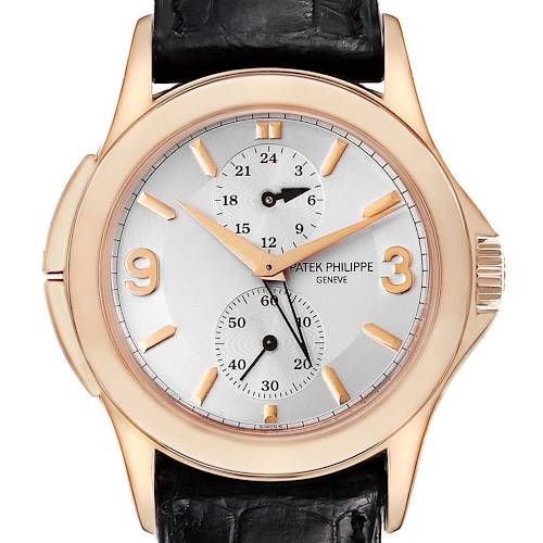 The image shows a Patek Philippe Calatrava 5134R-011 Men's Rose Gold Silver Dial 5134R-011 Men's Rose Gold Silver Dial watch from a front angle, highlighting the dial, hands, and case.