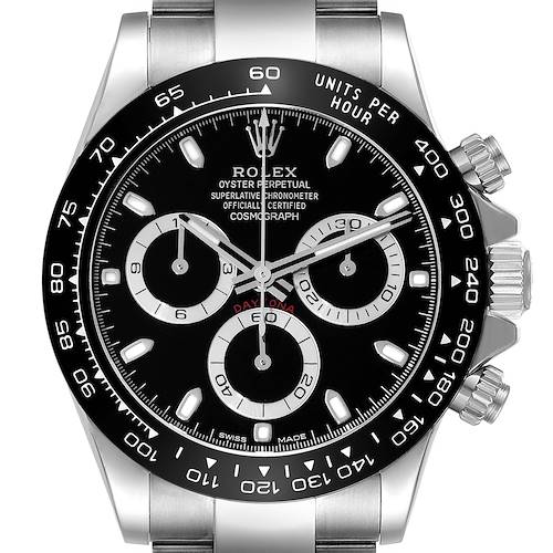 The image shows a front view of a Rolex Daytona 116500LN Men's Stainless Steel Black Dial 116500LN Men's Stainless Steel Black Dial watch, highlighting its black dial, three subdials, and tachymeter bezel.