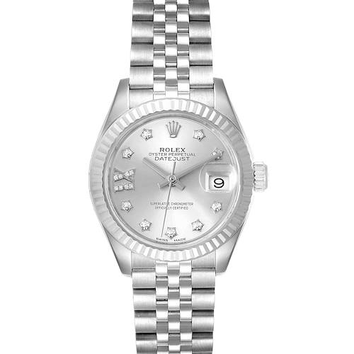 The image shows a front view of a Rolex Datejust 279174 Women's Stainless Steel Silver Dial 279174 Women's Stainless Steel Silver Dial watch, displaying its dial, fluted bezel, bracelet, and date window.