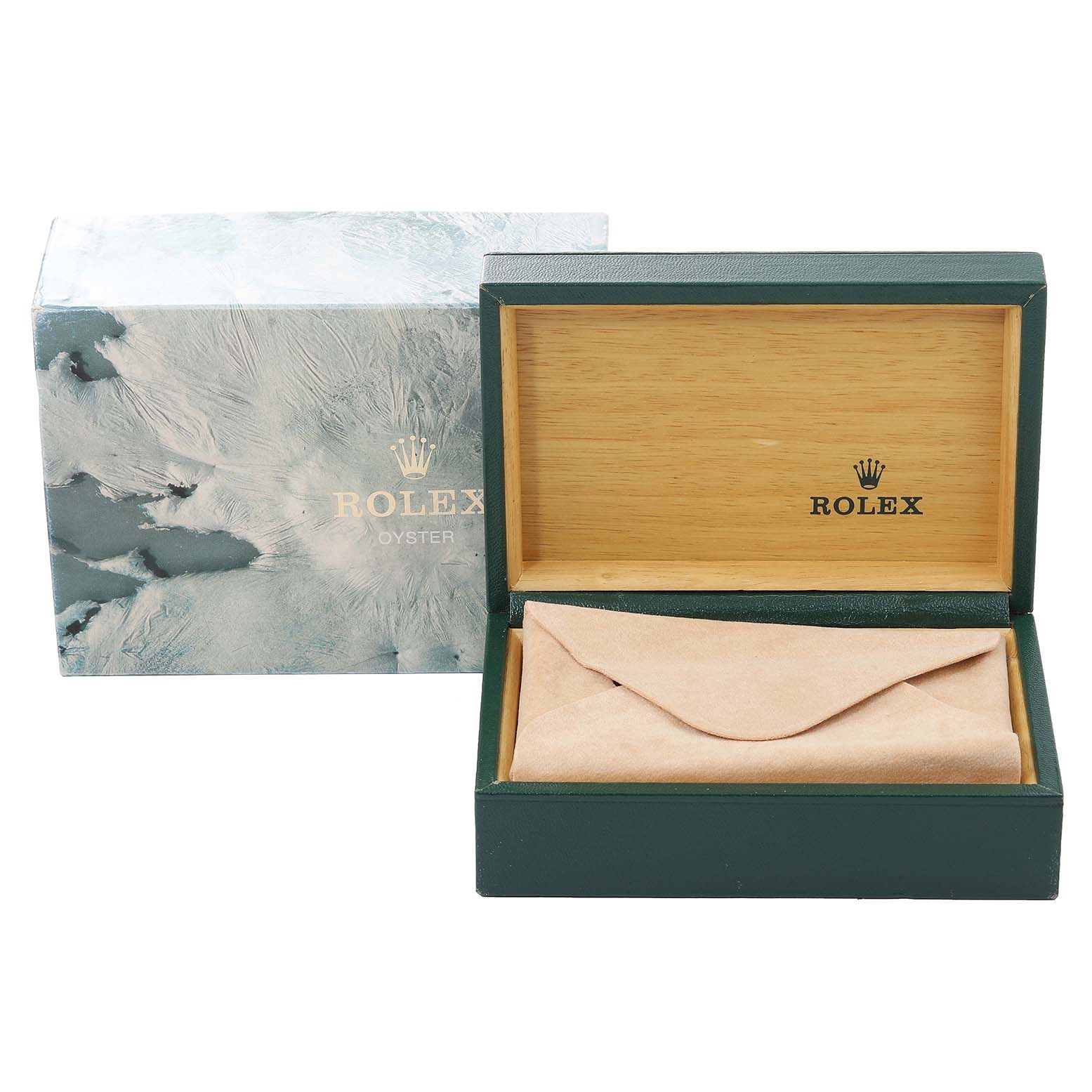This image shows an open wooden Rolex Vintage Collection 16013 Men's Steel and Gold (two tone) Champagne Dial 16013 Men's Steel and Gold (two tone) Champagne Dial watch box with a closed watch pouch inside.
