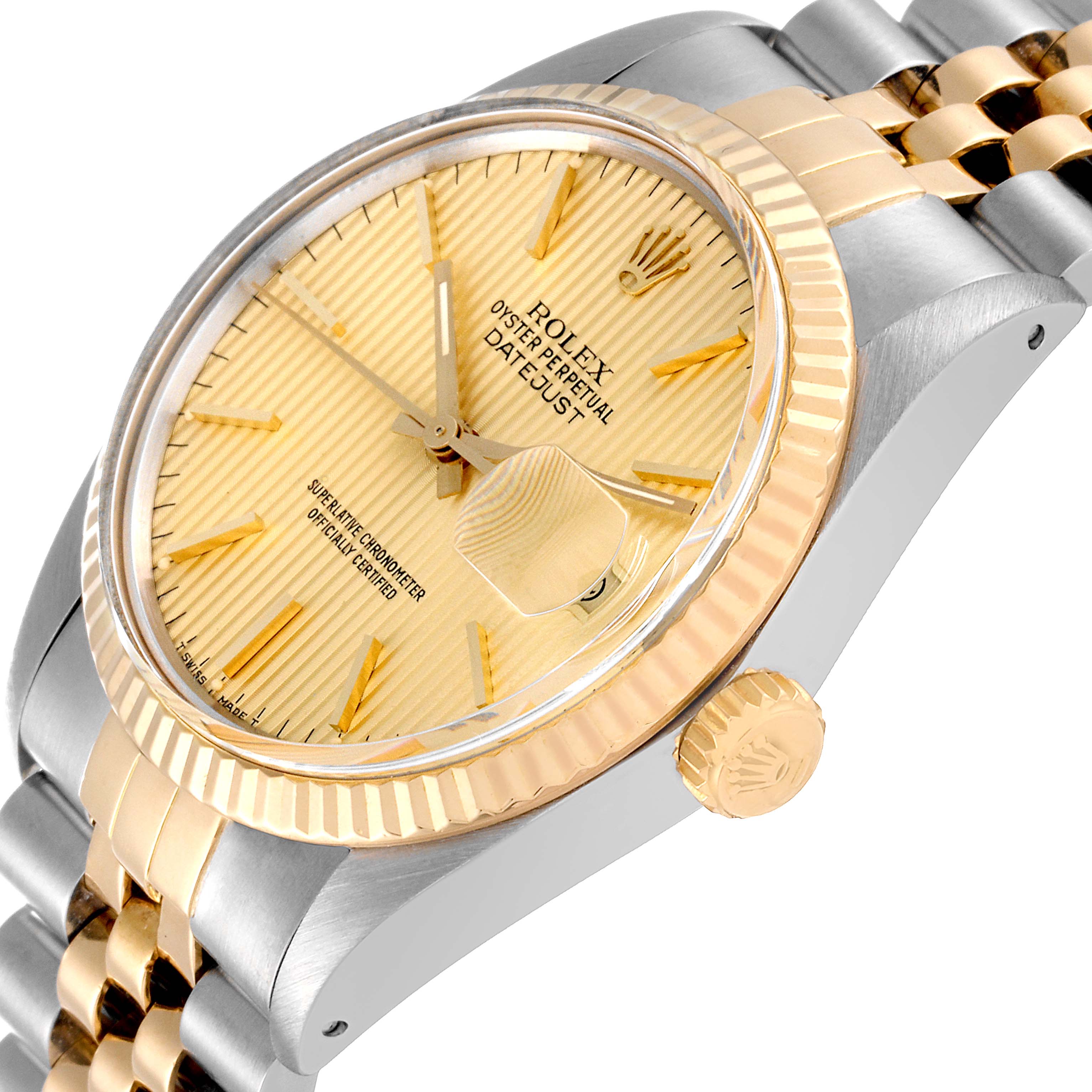 The image shows a close-up angle of the Rolex Vintage Collection 16013 Men's Steel and Gold (two tone) Champagne Dial 16013 Men's Steel and Gold (two tone) Champagne Dial Datejust watch, highlighting the dial, bezel, and part of the bracelet.