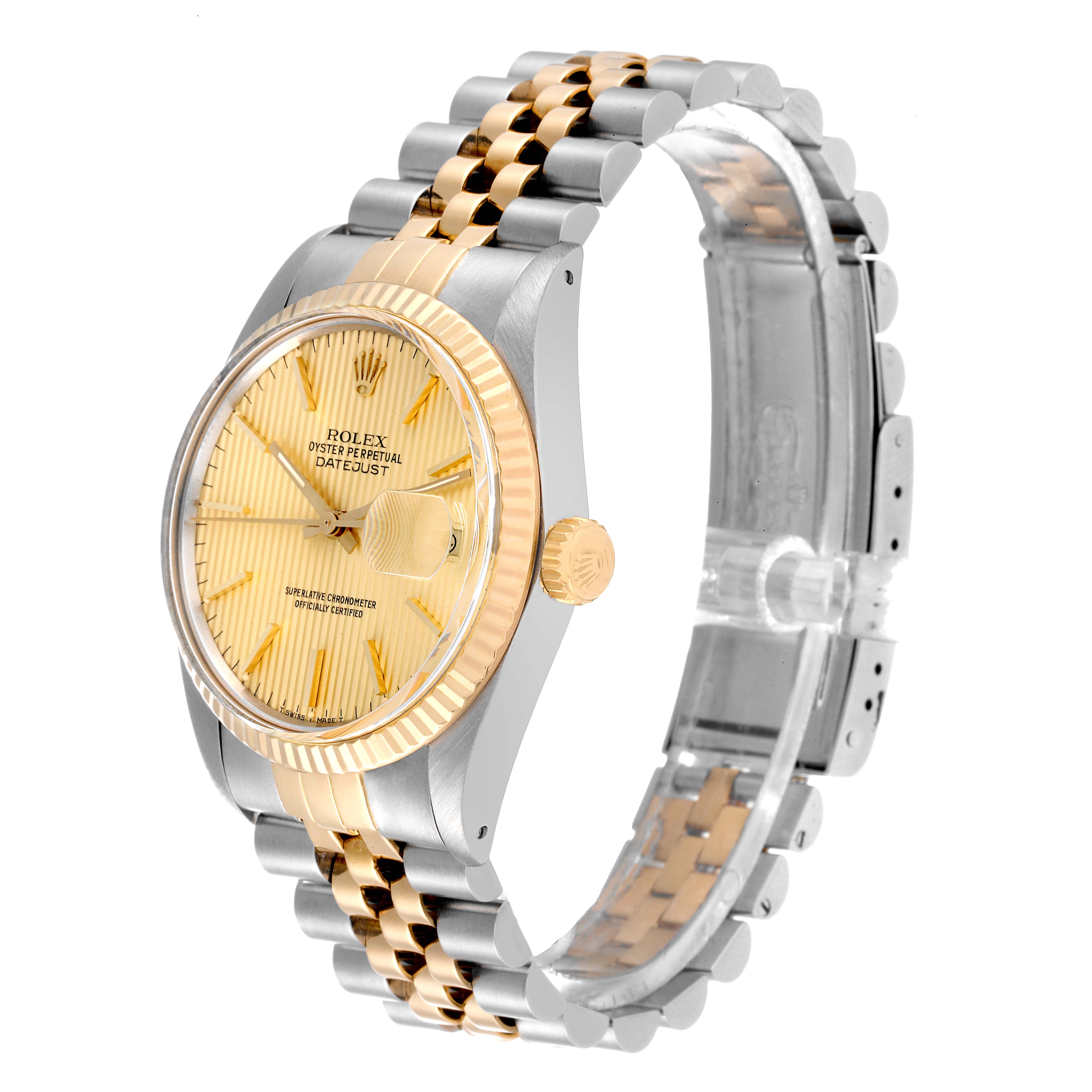 This Rolex Vintage Collection 16013 Men's Steel and Gold (two tone) Champagne Dial 16013 Men's Steel and Gold (two tone) Champagne Dial model is shown at an angle, displaying the dial, bezel, crown, and bracelet.