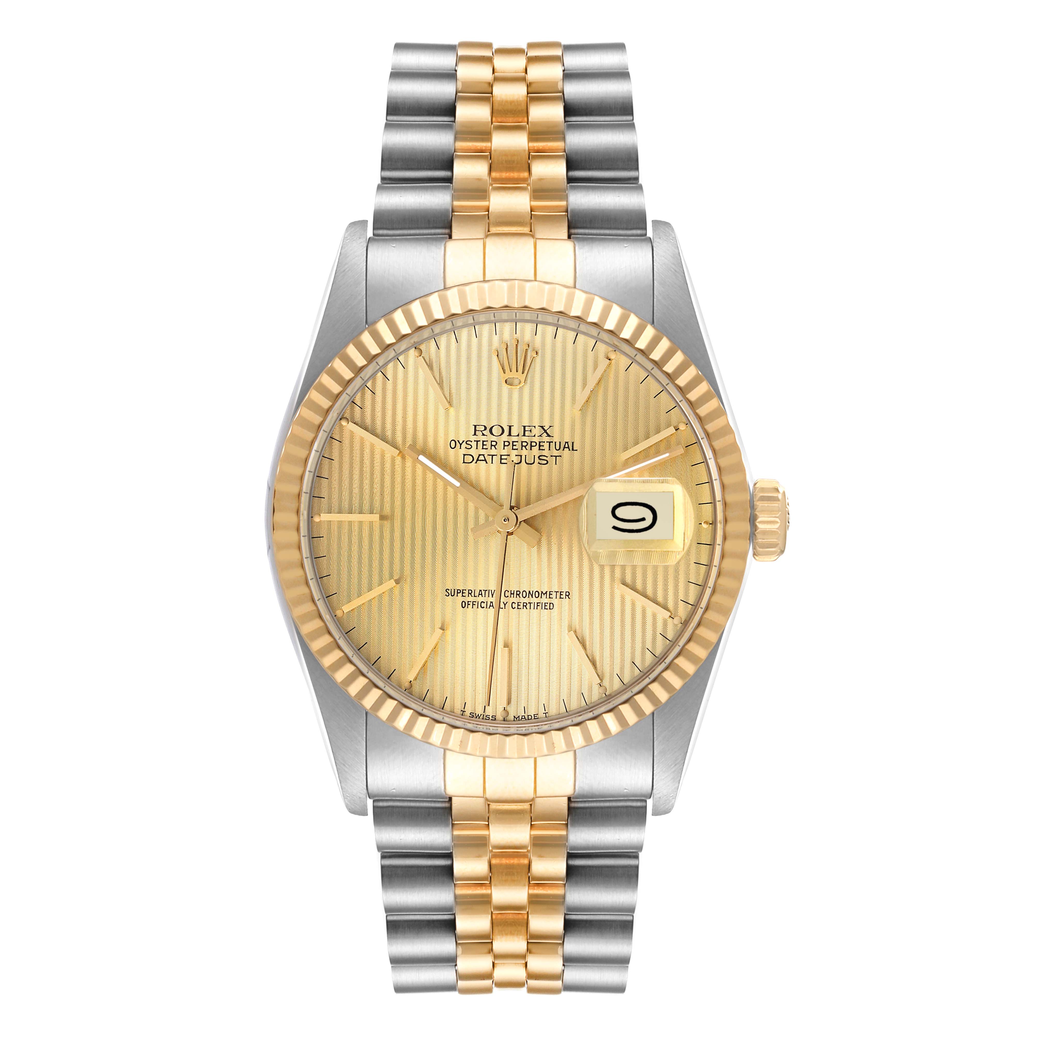 The image shows a front view of a Rolex Vintage Collection 16013 Men's Steel and Gold (two tone) Champagne Dial 16013 Men's Steel and Gold (two tone) Champagne Dial Datejust watch with a gold dial and a two-tone metal band.