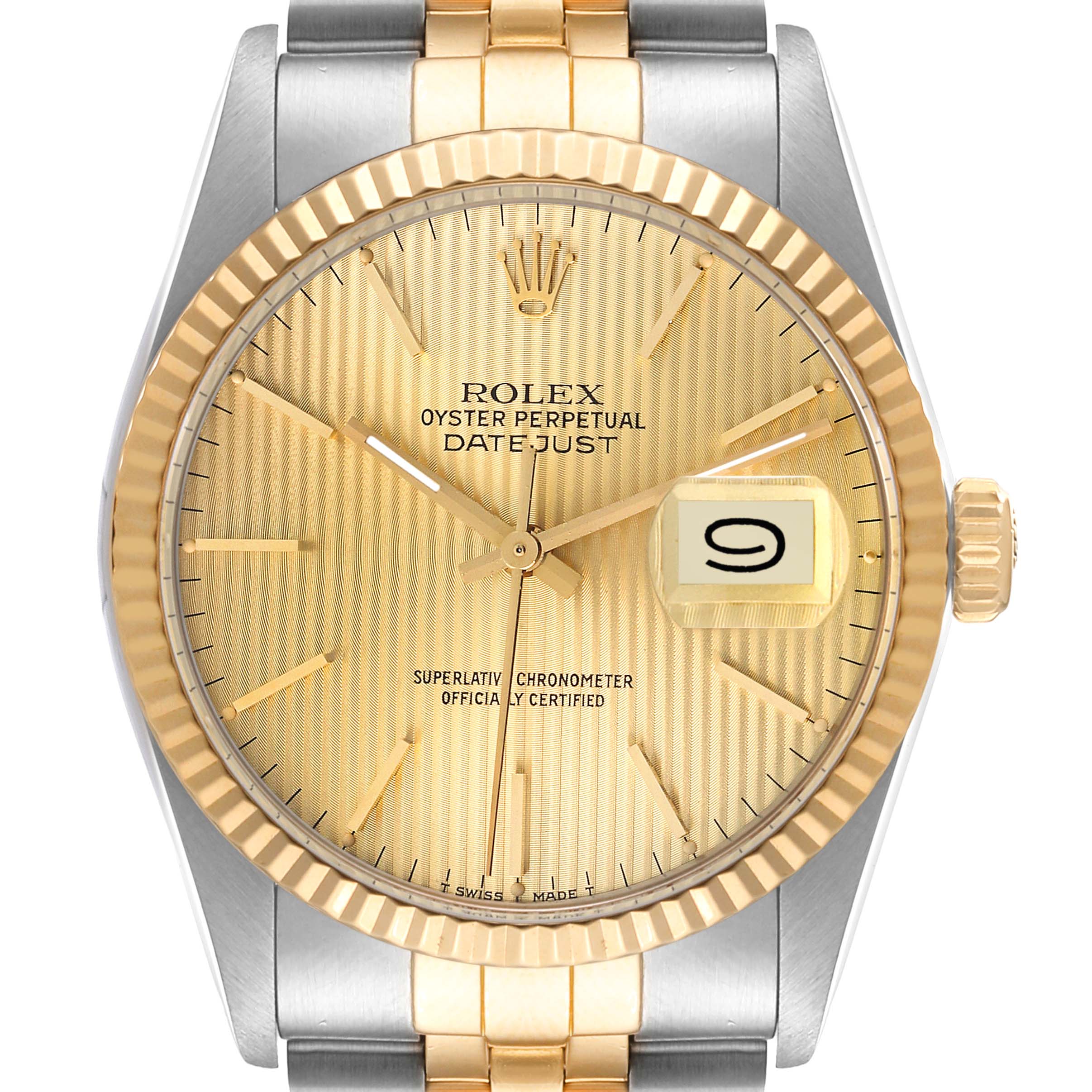 The image shows a front view of the Rolex Vintage Collection 16013 Men's Steel and Gold (two tone) Champagne Dial 16013 Men's Steel and Gold (two tone) Champagne Dial Datejust watch, highlighting its gold face, date display, and two-tone band.